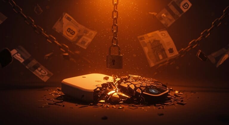 Imagen editorial de un robot iRobot roto bajo luz naranja y sombras regulatorias europeas, ilustrando bancarrota por regulación en el mercado tech europeo.