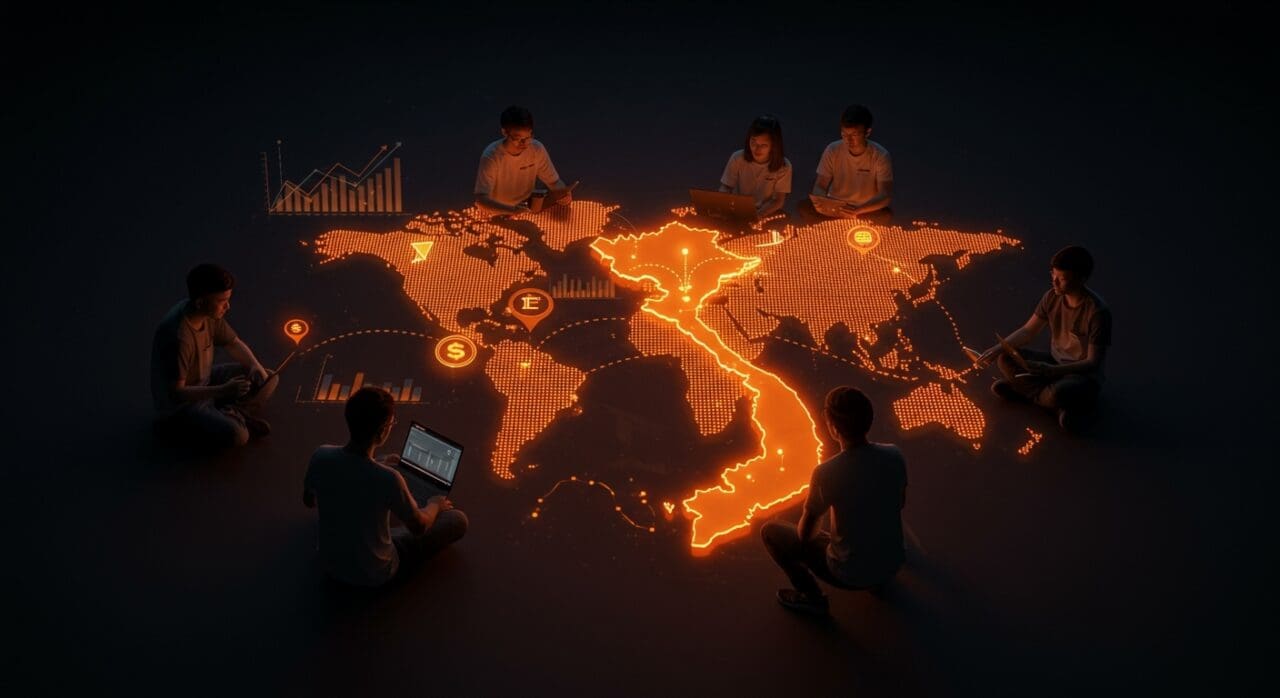 Startup founders colaborando en torno a un mapa digital de Vietnam con flujos de inversión y símbolos de innovación en el ecosistema startup.