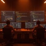 Equipo técnico colaborando en compilación cruzada con Nix para sistemas RISC OS, simbolizando automatización y desarrollo de software avanzado.