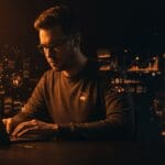 Fundador tecnológico trabajando con redes de IA descentralizada y computación local en contexto de soberanía digital y eficiencia energética para startups.