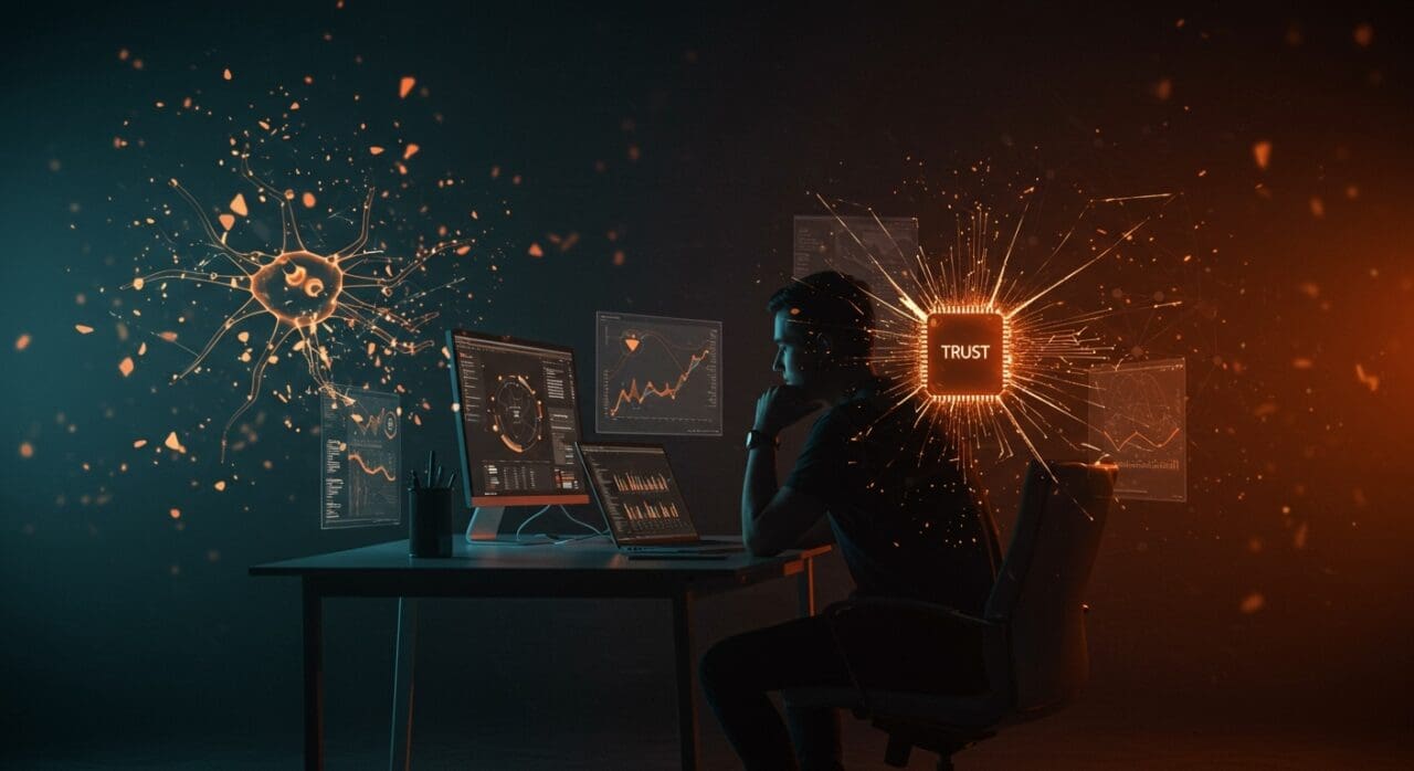 Founder reflexionando sobre la confianza tecnológica frágil en macOS e IA con símbolos visuales de transparencia y soporte en tecnología.