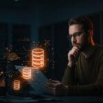 Fundador de startup analizando bases de datos Postgres autoalojadas y optimización de infraestructura SaaS frente a AWS RDS con gráficos digitales en tonos naranja y negro.