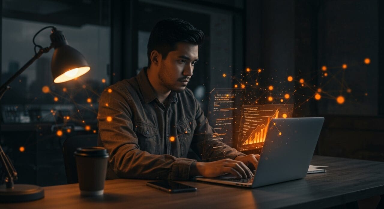 Founding Engineer hispano trabajando en automatización de código con IA en startup tecnológica de San Francisco.