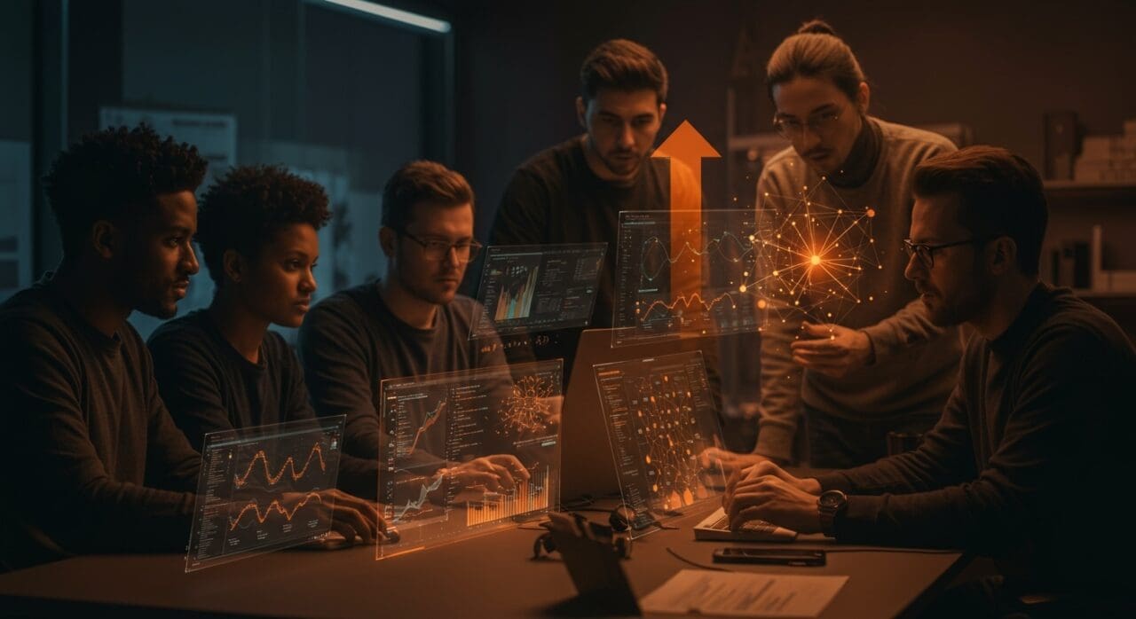 Founding engineers trabajando con interfaces holográficas en startup de IA y full-stack respaldada por Y Combinator, destacando oportunidad laboral tech para talento hispano.