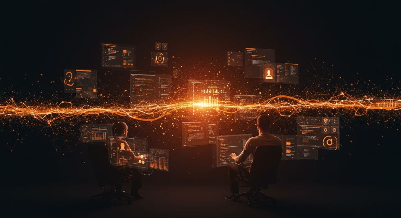 Equipo de ingenieros software especialistas en TypeScript trabajando en automatización e IA aplicada en startup tecnológica.