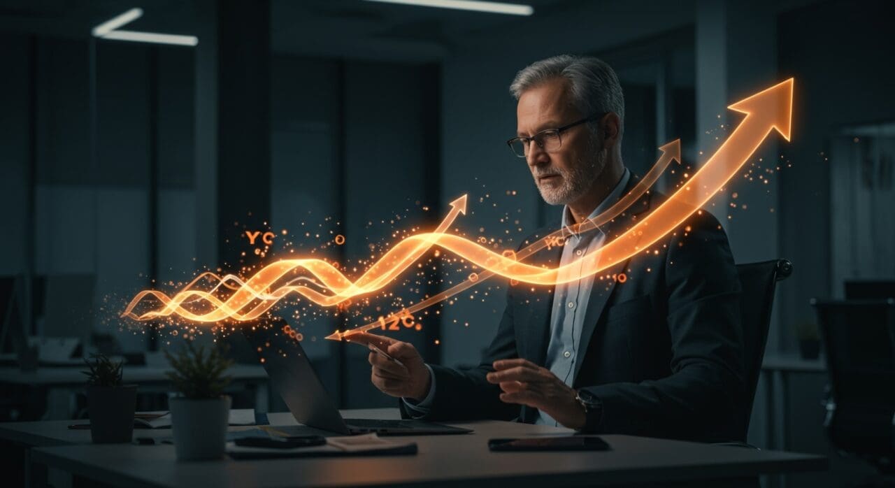 Senior Enterprise Account Executive en entorno de venta SaaS con visualización de flujo de datos y crecimiento empresarial en startup YC.