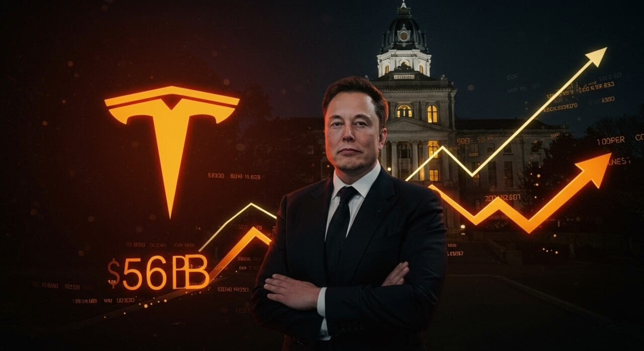 Elon Musk frente al edificio de la Corte Suprema de Delaware representando la restitución de su paquete salarial en Tesla y lecciones para fundadores tech.
