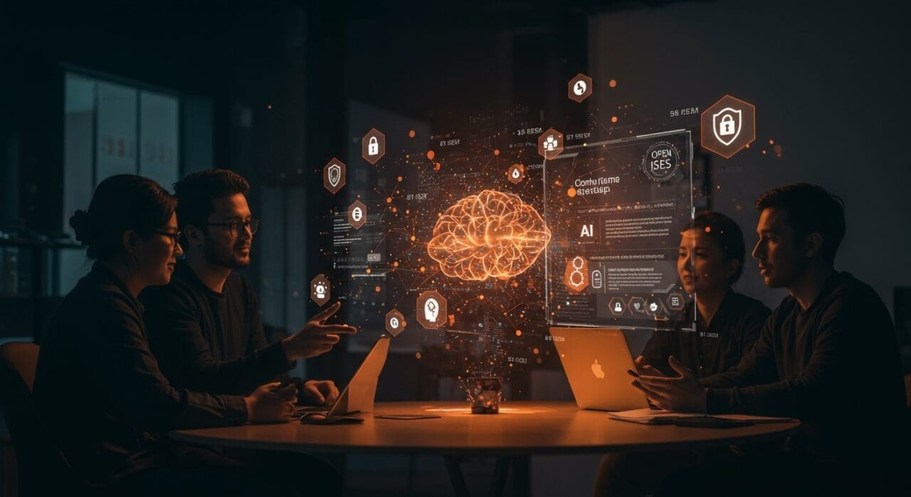 Equipo de startups tecnológicos discutiendo acuerdos pay-to-crawl de IA respaldados por Creative Commons en un entorno futurista.