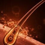 Crecimiento del cabello impulsado por fuerzas celulares, representando innovación en biomedicina y regeneración capilar.