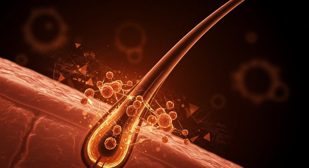Crecimiento del cabello impulsado por fuerzas celulares, representando innovación en biomedicina y regeneración capilar.