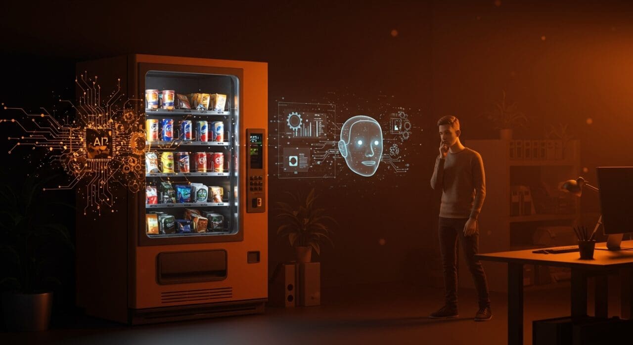 Vending machine con chatbot IA y un emprendedor evaluando automatización ineficiente en mercado tech.