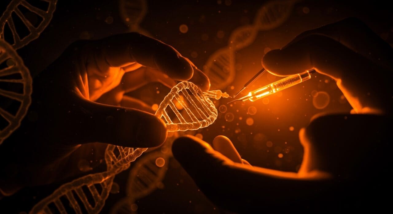 Cura inesperada del VIH con trasplante de células madre representada mediante edición genética e innovación médica en biotecnología.