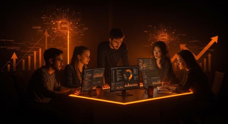 Cuatro emprendedores jóvenes colaborando con tecnología de inteligencia artificial avanzada en una startup de programación revolucionaria.