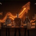 Fundadores jóvenes exitosos de startup IA rodeados de interfaces digitales y gráficos de crecimiento, representando innovación, automatización y financiación récord.