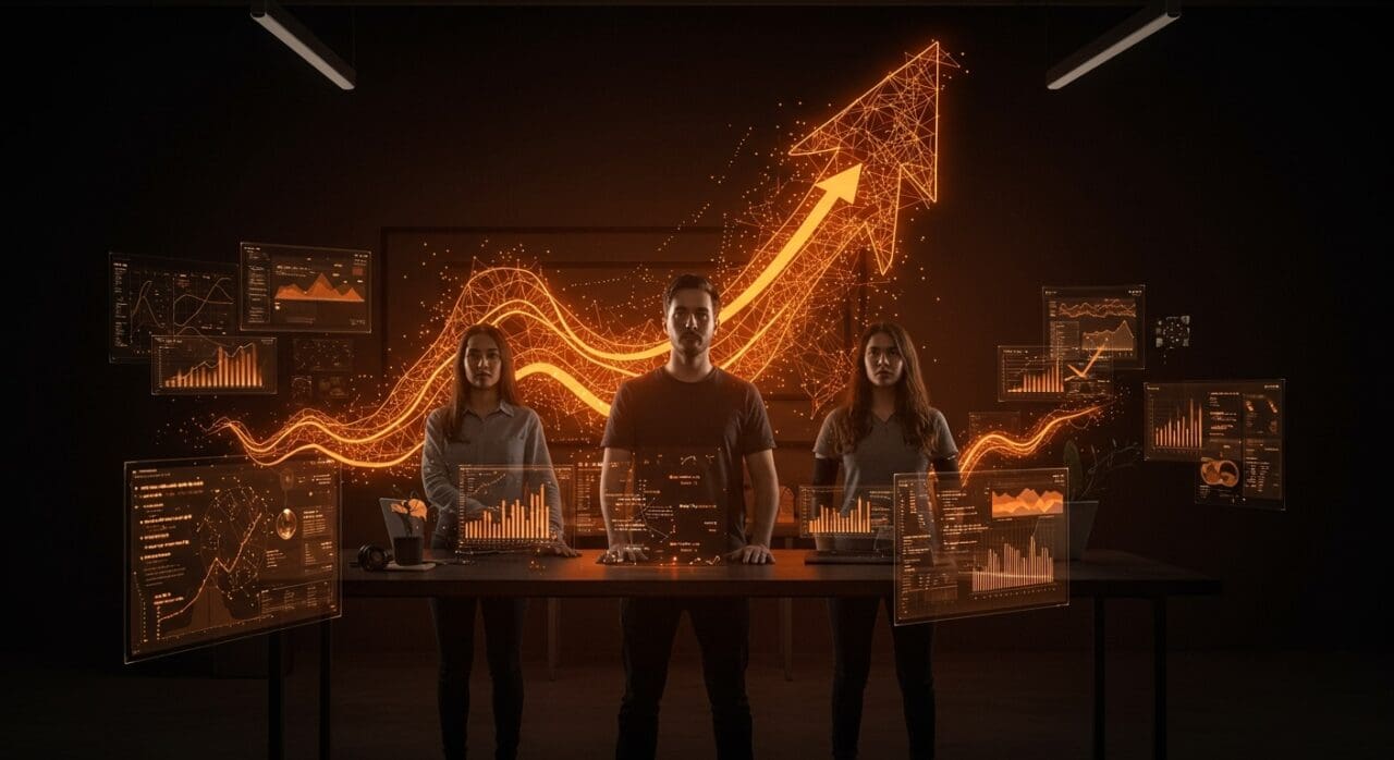 Fundadores jóvenes exitosos de startup IA rodeados de interfaces digitales y gráficos de crecimiento, representando innovación, automatización y financiación récord.