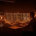 Ingeniero de software depurando una aplicación Qt WebAssembly con DWARF en un entorno tecnológico inmersivo y futurista.