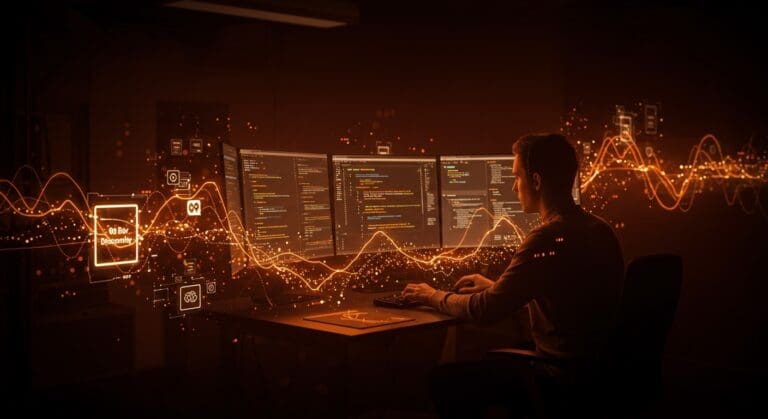 Ingeniero de software depurando una aplicación Qt WebAssembly con DWARF en un entorno tecnológico inmersivo y futurista.