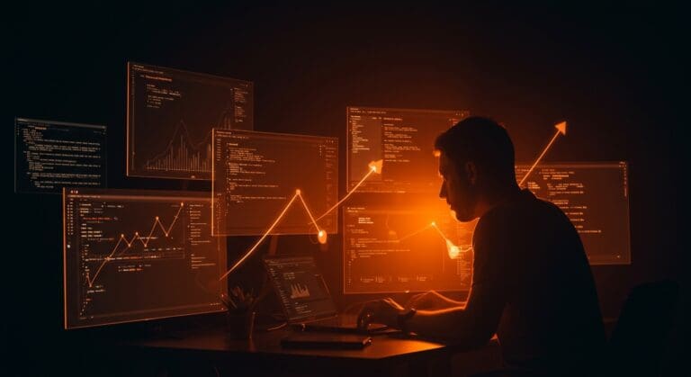 Fundador analizando debugging de aplicaciones TypeScript en un entorno tecnológico innovador para mejorar la calidad del software SaaS.