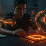 Fundador de startup latinoamericana trabajando con modelo de IA eficiente basado en chips Nvidia en contexto de geopolitica tecnológica.