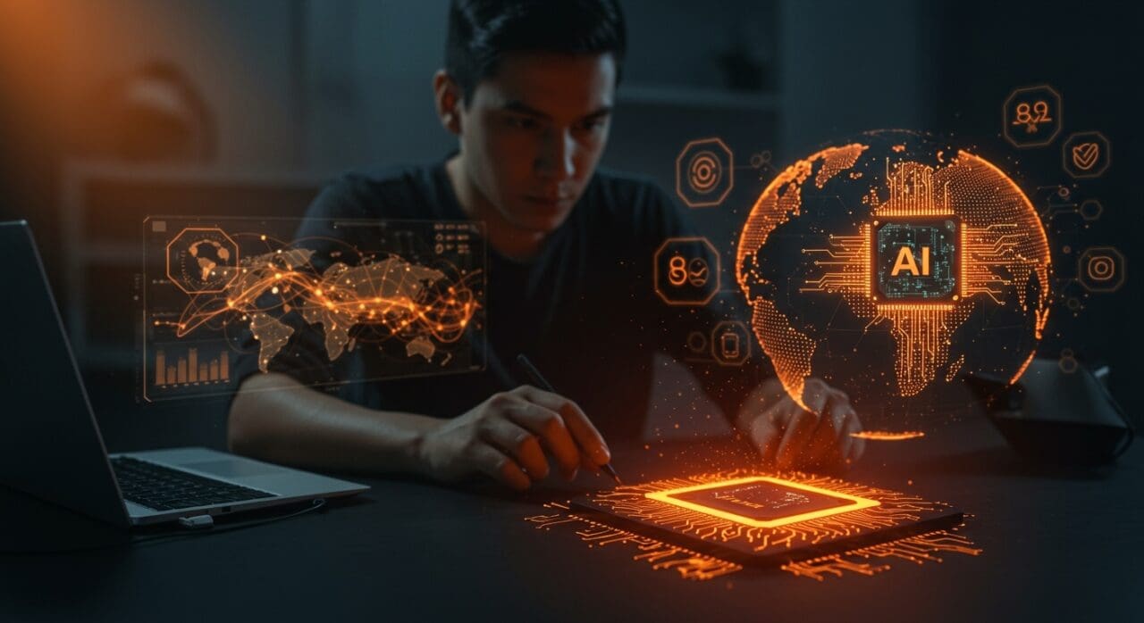 Fundador de startup latinoamericana trabajando con modelo de IA eficiente basado en chips Nvidia en contexto de geopolitica tecnológica.