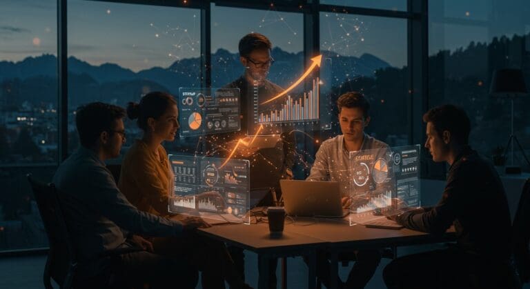 Startup tecnológica colaborando en un ambiente futurista en Bariloche, destacando innovación, aceleración y financiamiento en Deeptech Summit.