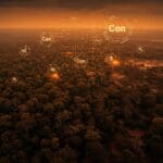 Deforestación en África mostrando transformación de bosques tropicales y emisiones de carbono con tecnología satelital y sostenibilidad.