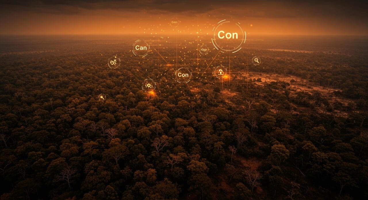 Deforestación en África mostrando transformación de bosques tropicales y emisiones de carbono con tecnología satelital y sostenibilidad.
