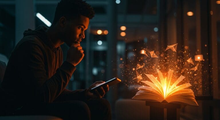 Persona dejando redes sociales para aumentar su lectura, con elementos visuales de BookTok y tendencias digitales en ecosistema startup.