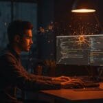 Full-Stack Engineer trabajando en IA aplicada en startup tecnológica YC, con ambiente moderno y metáforas visuales de redes neuronales y crecimiento.