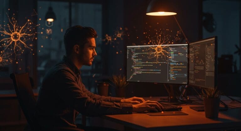Full-Stack Engineer trabajando en IA aplicada en startup tecnológica YC, con ambiente moderno y metáforas visuales de redes neuronales y crecimiento.