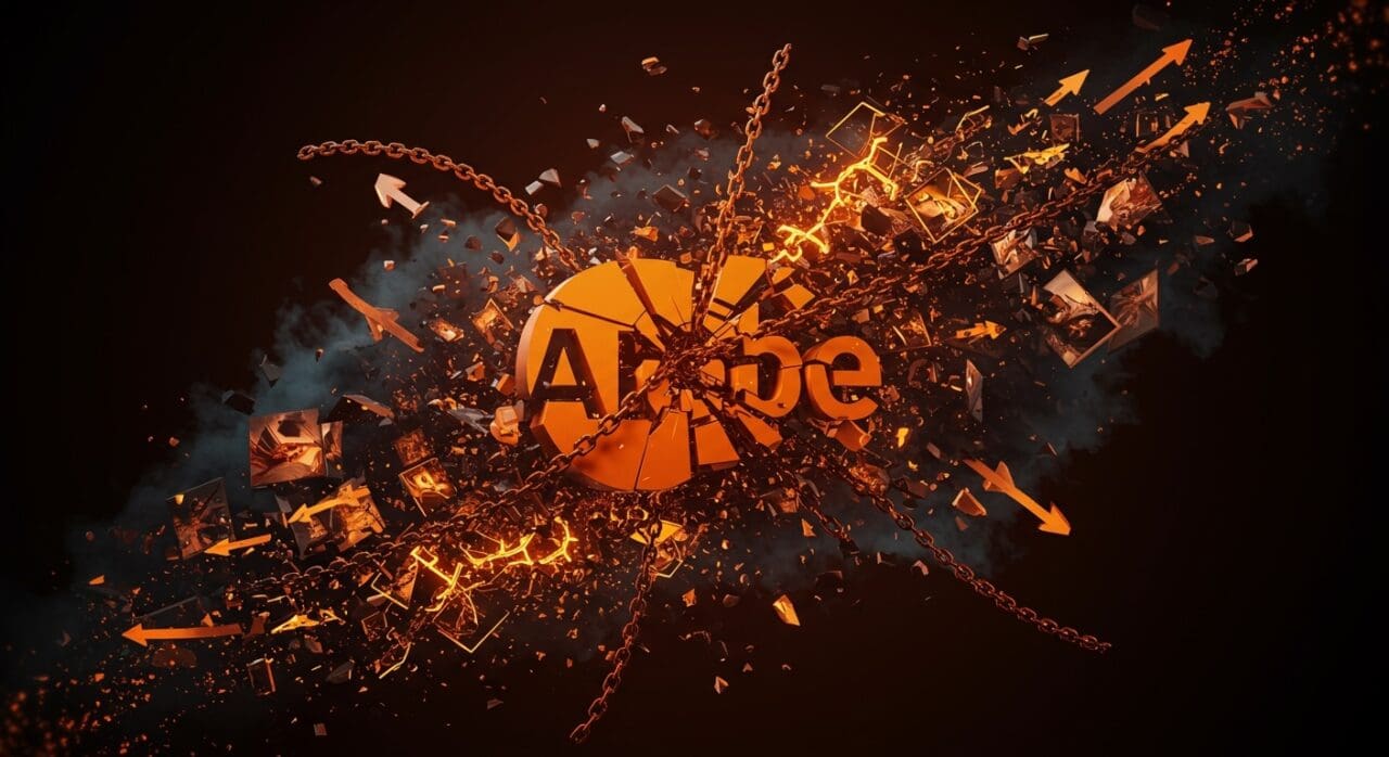 Demanda colectiva a Adobe por derechos de autor en entrenamiento de inteligencia artificial, mostrando metáforas visuales de IA y propiedad intelectual.