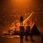 Concentración de la desigualdad económica en EE.UU. representada por un individuo rico sobre montañas de riqueza digital y una multitud fragmentada en la base.