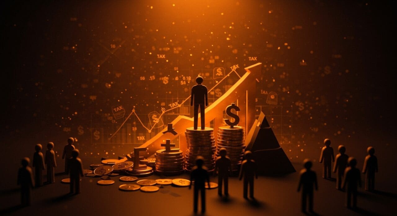 Concentración de la desigualdad económica en EE.UU. representada por un individuo rico sobre montañas de riqueza digital y una multitud fragmentada en la base.