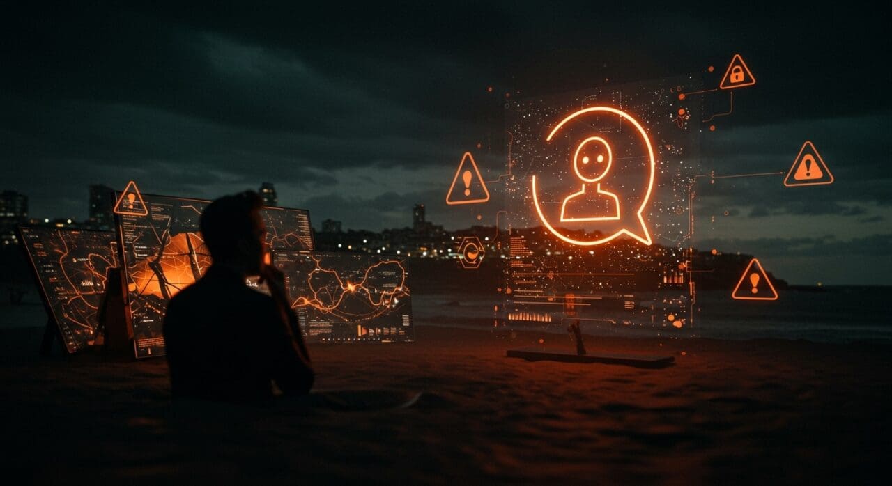 Escena editorial que ilustra desinformación por inteligencia artificial con el chatbot Grok y Bondi Beach, destacando riesgos y verificación en el ecosistema informativo startup.