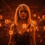 Desinformación digital sobre Taylor Swift ilustrada con perfiles falsos y tácticas de manipulación en redes sociales dentro del ecosistema startup.