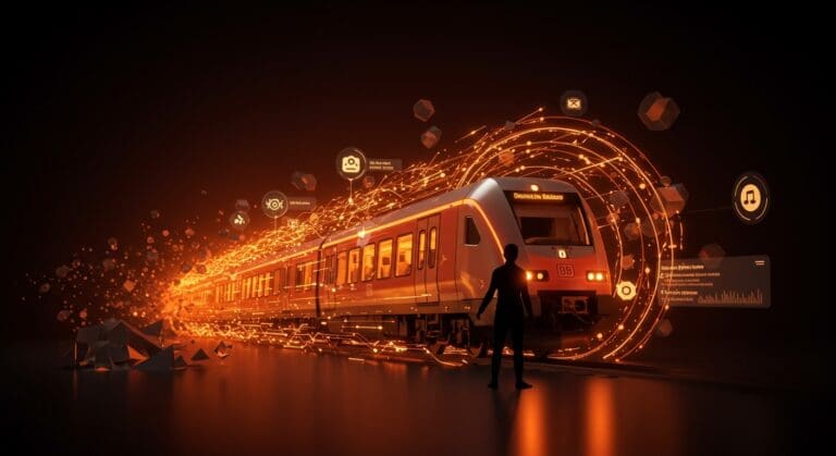 Experiencia de usuario y tendencias en movilidad en Deutsche Bahn, mostrando desafíos de retrasos y oportunidades para innovación en startups.