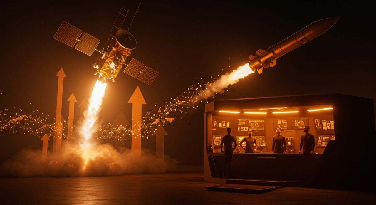 Lanzamiento simultáneo de satélite y misil, simbolizando startups de defensa y tecnología espacial recaudando fondos en LATAM.