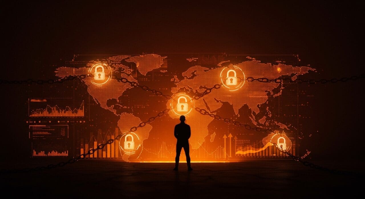 Impacto de la Digital Services Act en empresas tech y censura digital en la cooperación UE-EEUU representado con un fundador frente a interfaz digital.