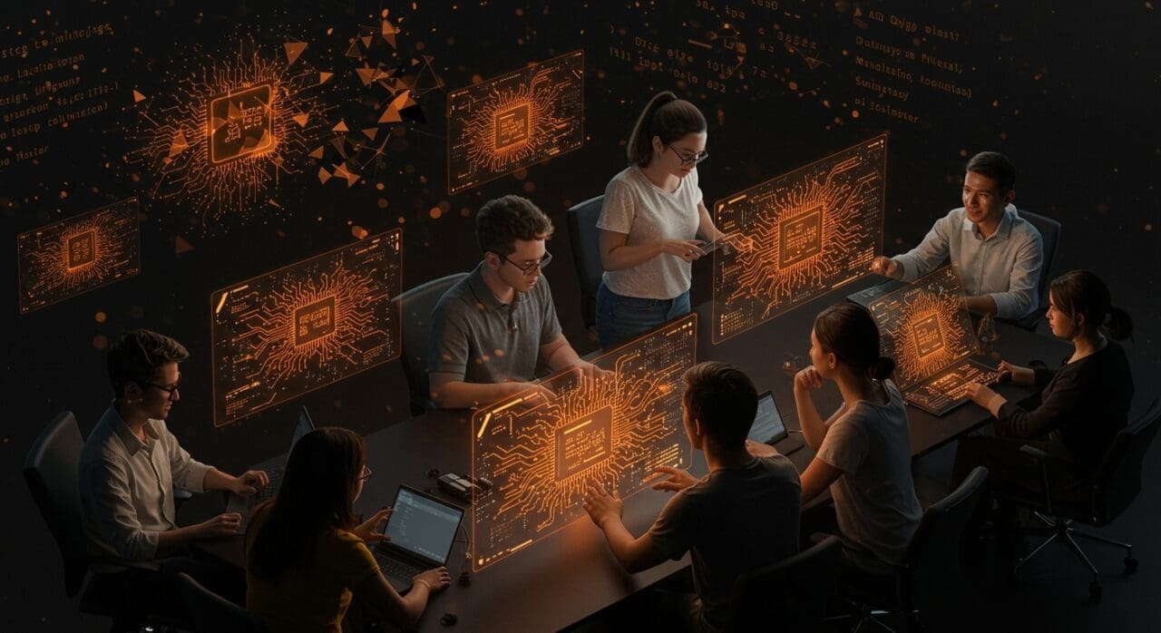 Equipo colaborando en diseño de microchips con inteligencia artificial y hardware open-source, impulsando innovación tecnológica accesible en LATAM.