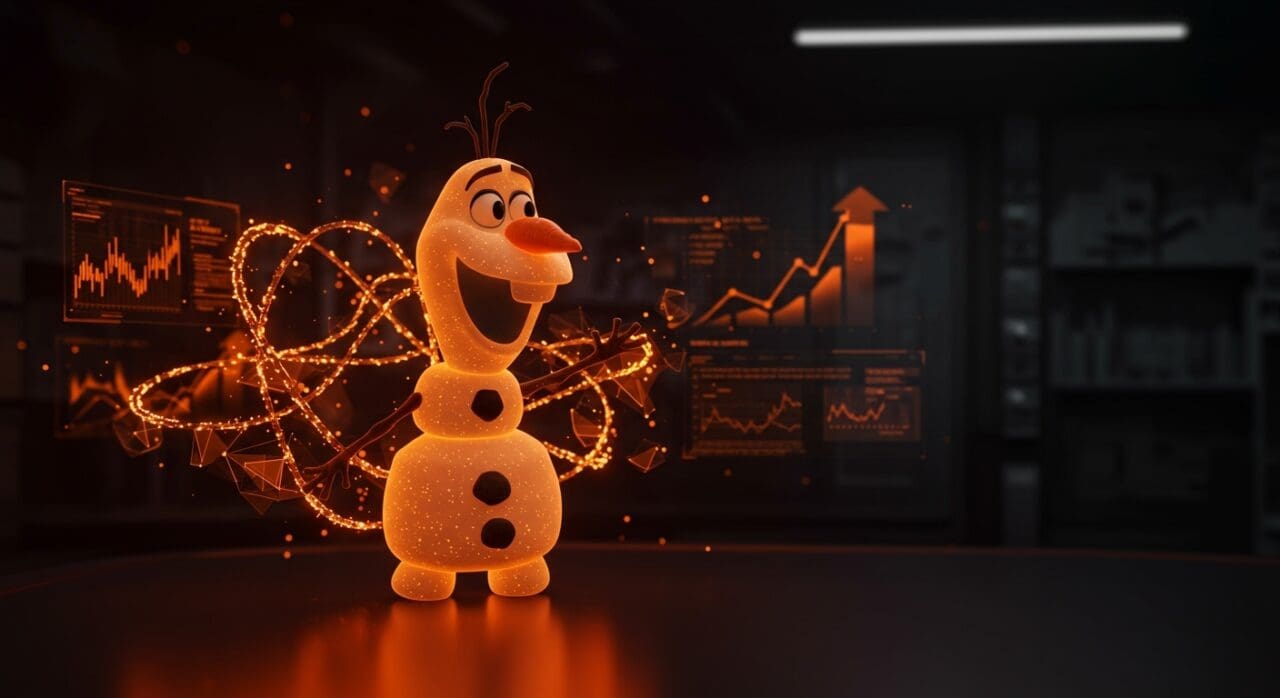 Robot Olaf de Disney representando innovación en animación con inteligencia artificial y aprendizaje reforzado en la industria tecnológica.