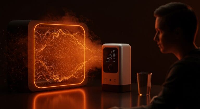 Dispositivo ultrasónico del MIT extrayendo agua potable del aire, representando innovación tecnológica y tecnología sostenible para startups.