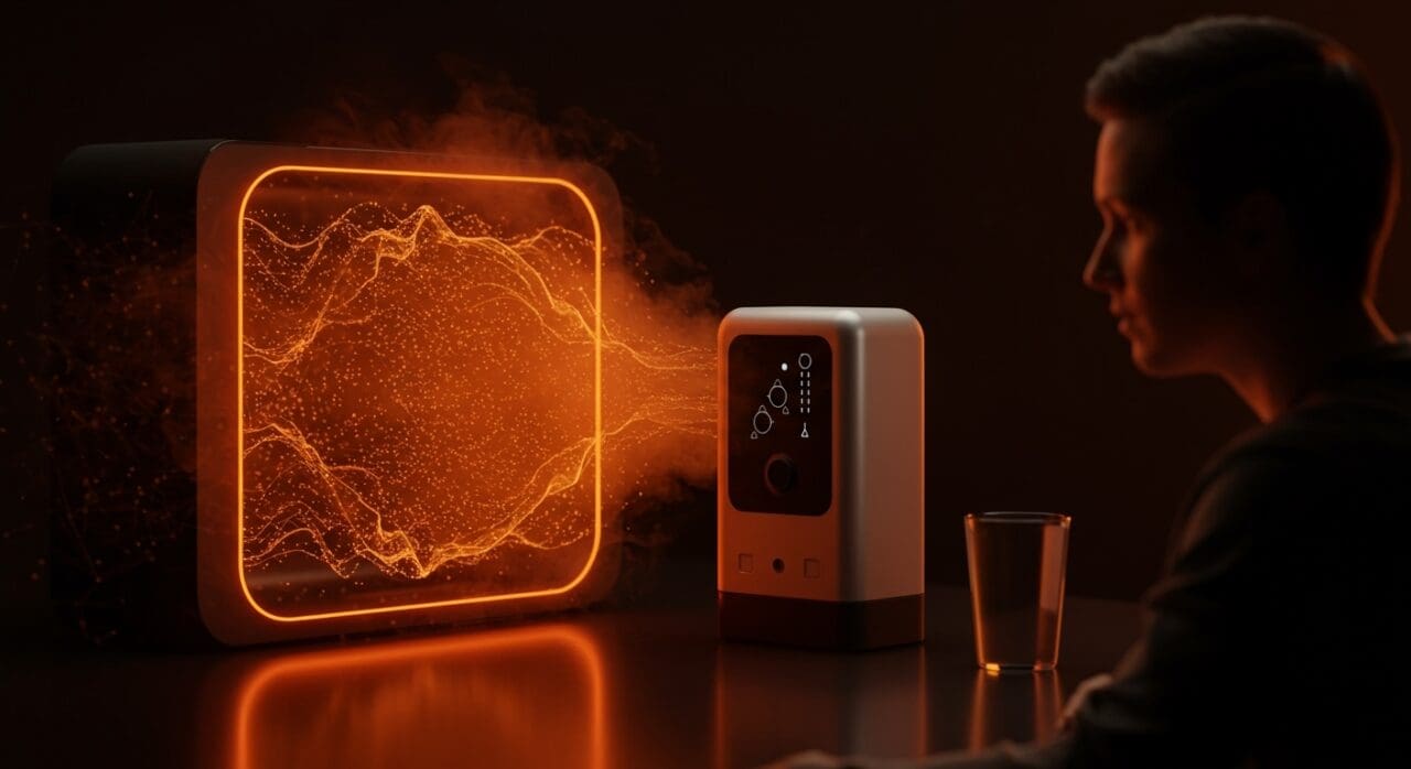 Dispositivo ultrasónico del MIT extrayendo agua potable del aire, representando innovación tecnológica y tecnología sostenible para startups.