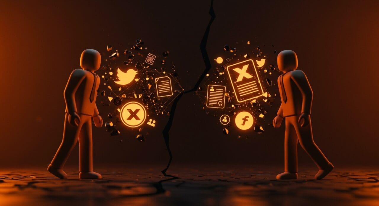 Disputa legal entre Twitter y X Corporation ilustrada con metáforas visuales de branding y tecnología en un estilo editorial cinematográfico.