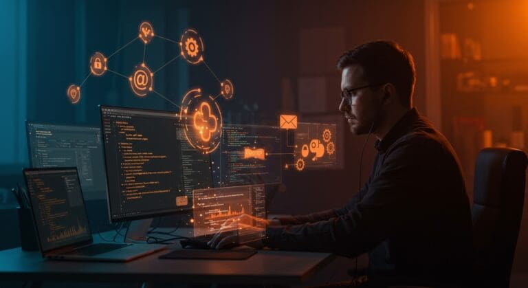 Desarrollador trabajando con Django 6.0 y automatización avanzada, destacando tareas en segundo plano y seguridad web para startups SaaS.