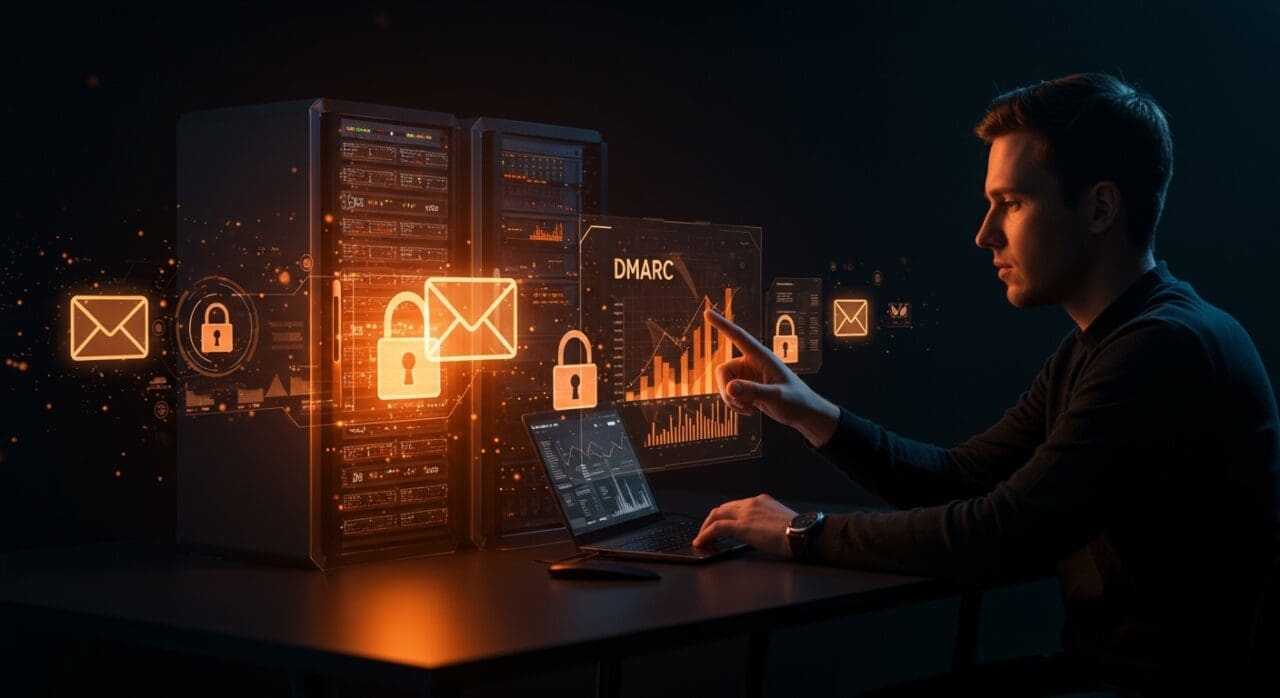 Founder de startup tecnológica manejando reportes automatizados de DMARC para seguridad de emails y prevención de spam.