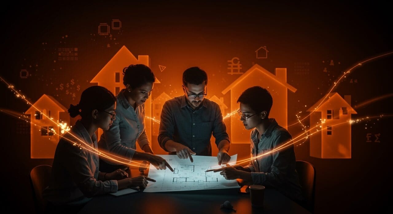 Equipo de emprendedores recibiendo funding para casas asequibles con diseño personalizado en el ecosistema startup.