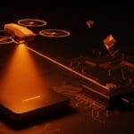 Drone recargándose inalámbricamente mediante rayos láser, ilustrando innovación tecnológica y sistemas autónomos en automatización y hardware.