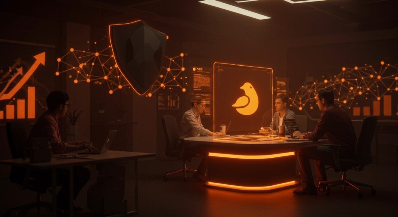 Startup founders trabajando colaborativamente con metáforas visuales de privacidad, inteligencia artificial opcional y crecimiento tecnológico representando DuckDuckGo.