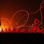 Impacto en salud pública por omisión del Día Mundial del SIDA en EE.UU. con simbolismo de VIH y financiación de salud.