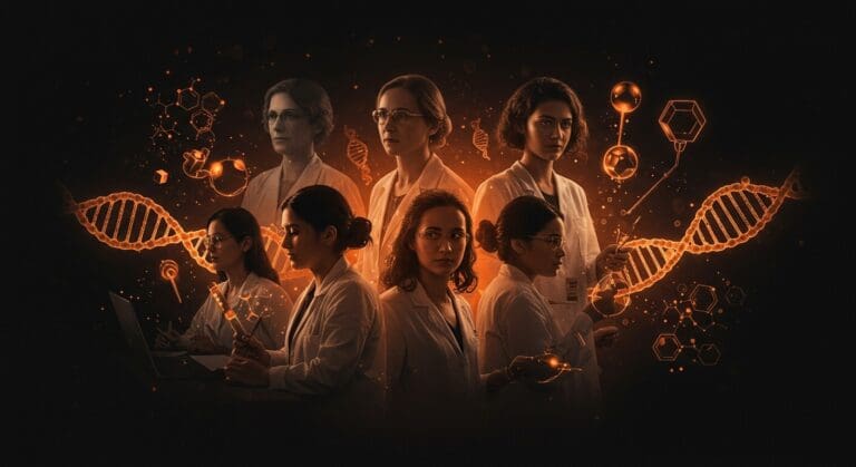 Mujeres en ciencia colaborando en innovación con referencia al Efecto Matilda y diversidad en startups latinoamericanas.